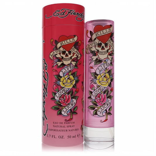 Ed Hardy 1.7 oz women's eau de parfum. Bold pink glass bottle & box with iconic skull, rose, and "Love Kills Slowly" tattoo art.