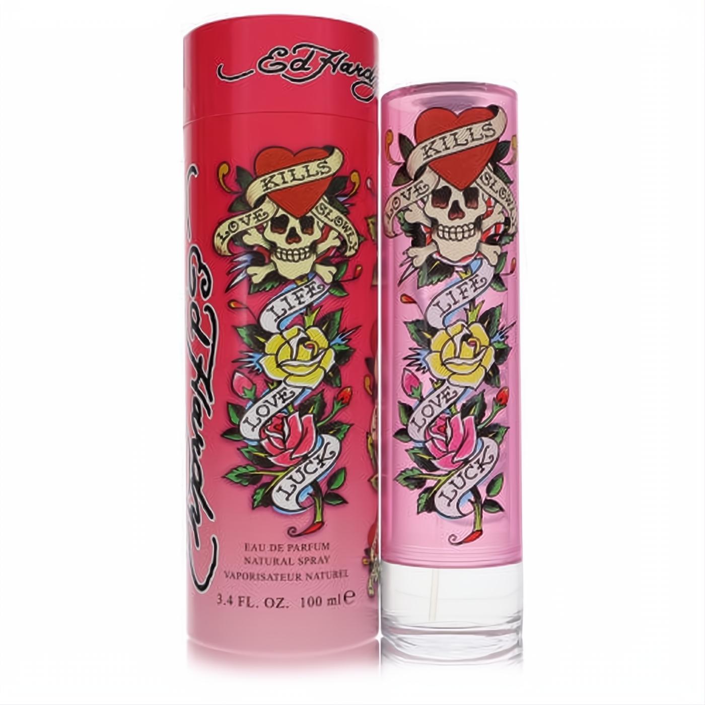 Ed Hardy 3.4 oz Eau De Parfum in a vibrant pink bottle and matching tube, adorned with iconic skull, heart, and rose tattoo art.