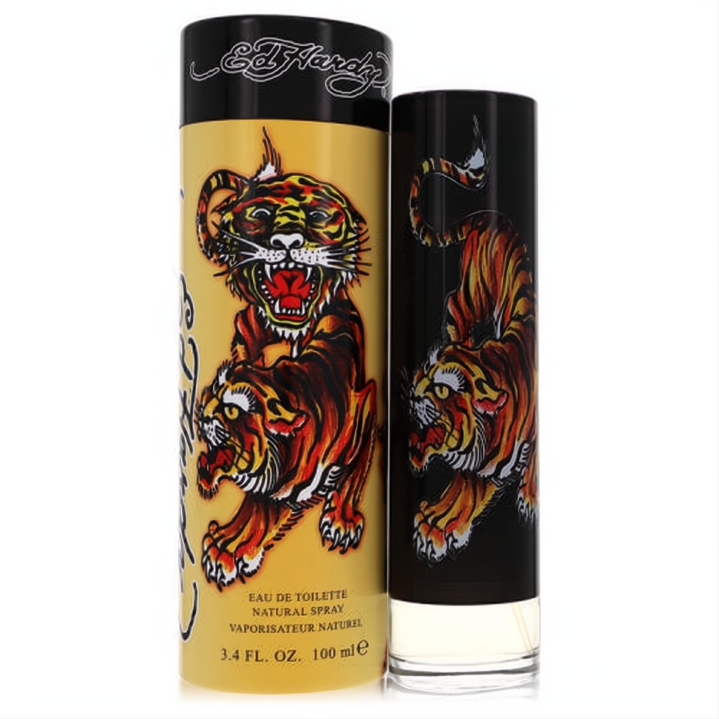 Ed Hardy 3.4 oz men's cologne. Bold black bottle and gold tube feature iconic tiger tattoo art.