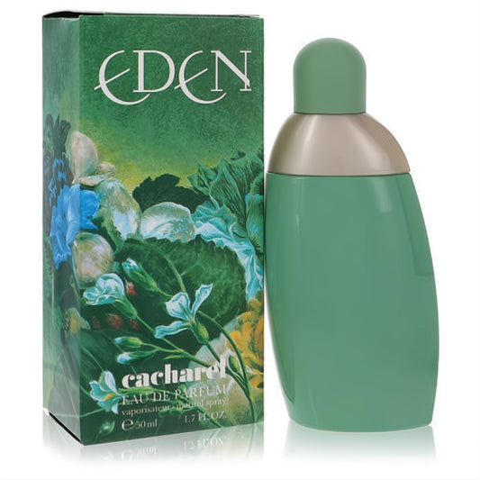 Eden by Cacharel 1.7 oz Eau De Parfum for women. Distinctive curved sage green bottle with vibrant floral box.