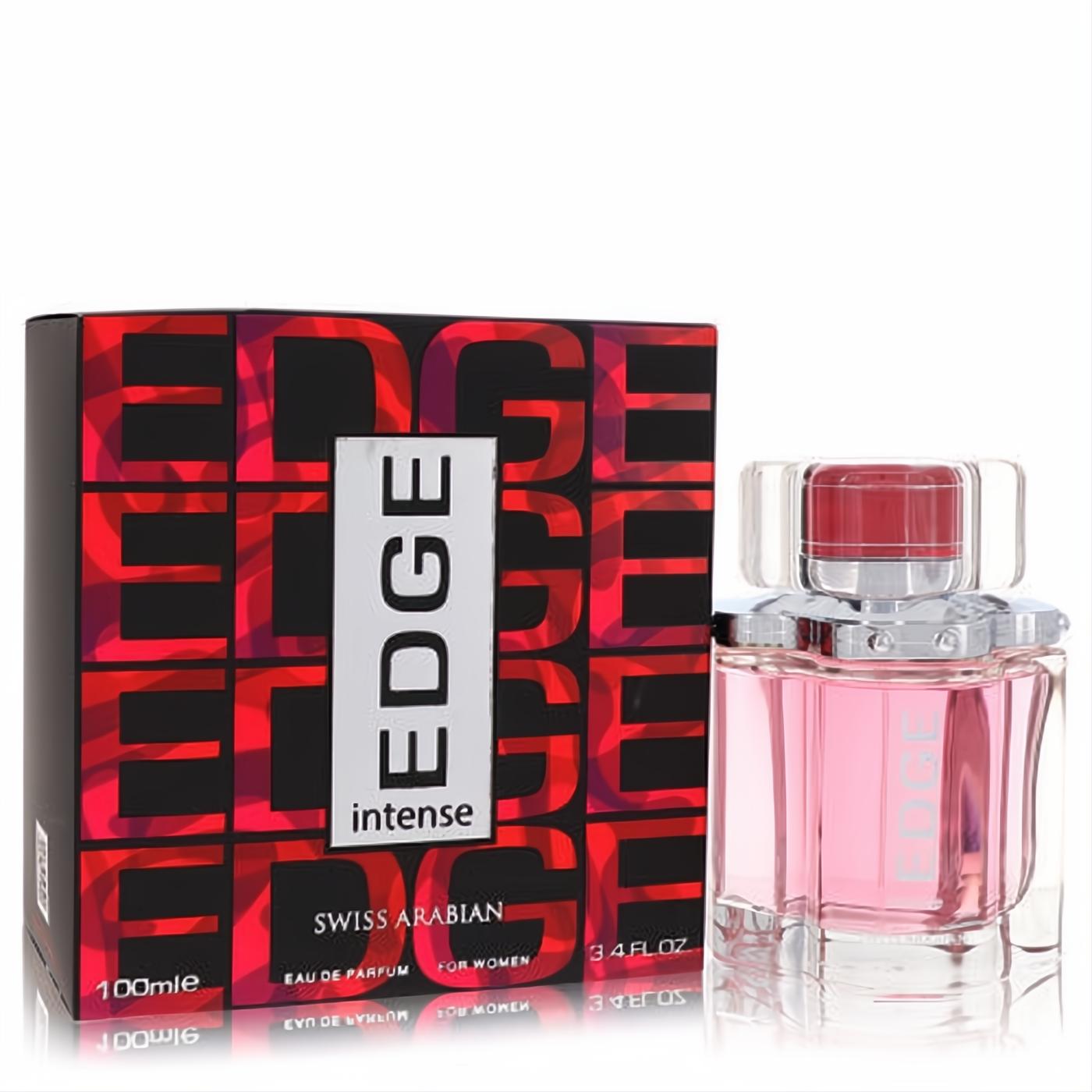 Swiss Arabian Edge Intense 3.4 oz EDP. Modern clear glass bottle with radiant pink perfume, topped by a striking red cap. Bold black & red box.