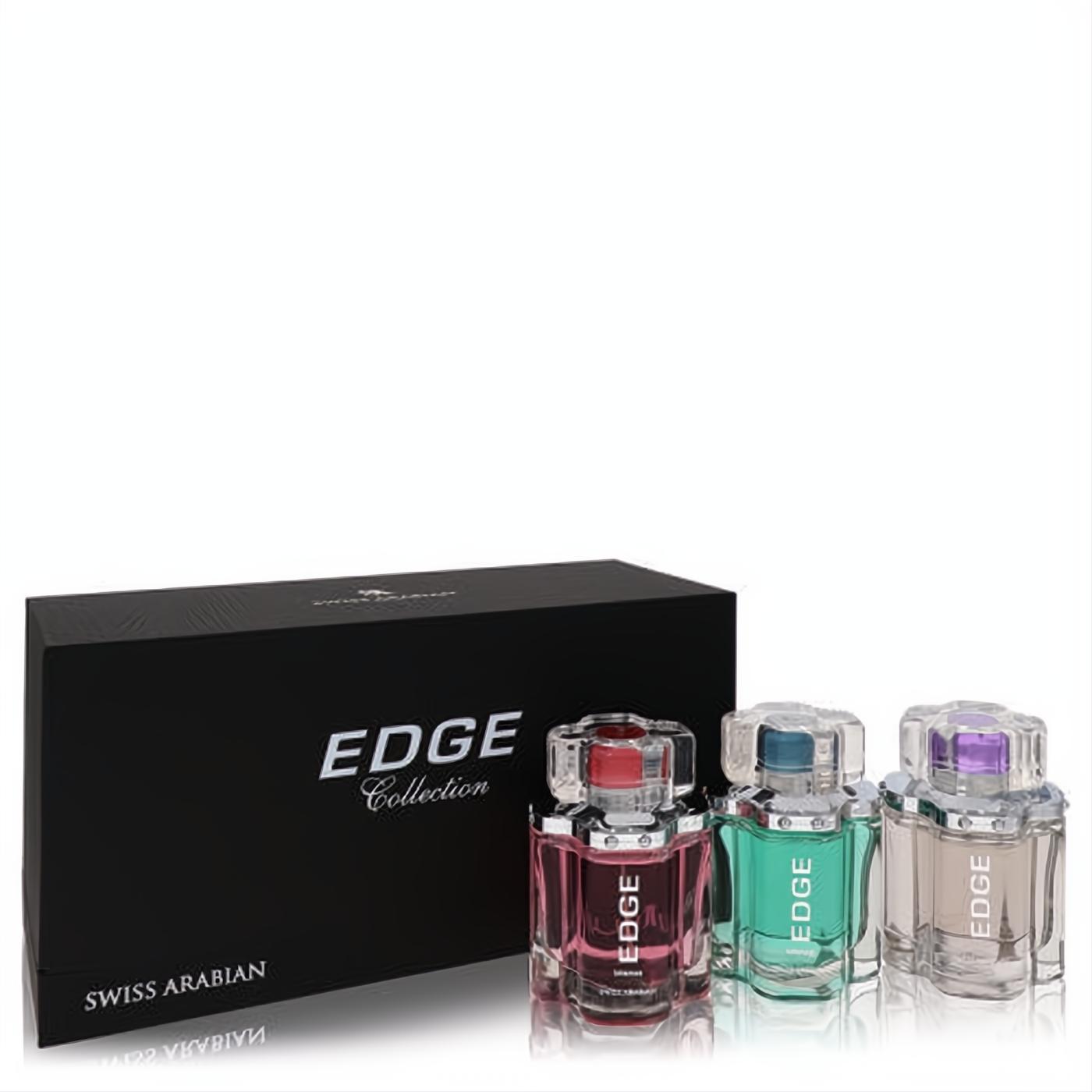 Swiss Arabian Edge Collection gift set: three clear glass perfume bottles with pink, teal, and lavender, next to a sleek black box.