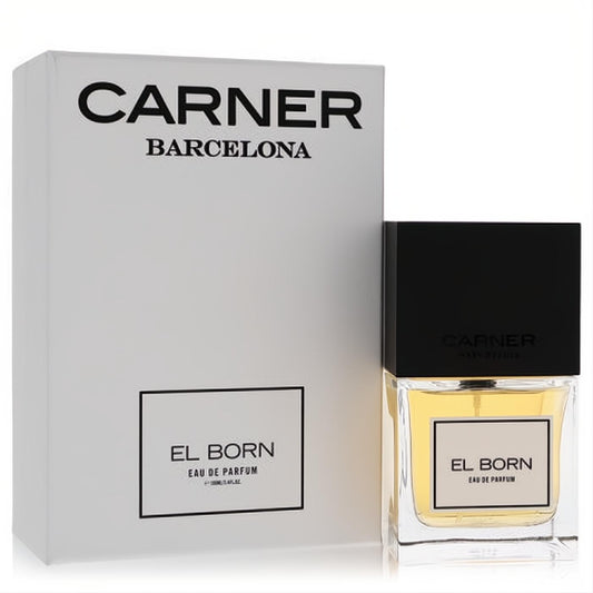 Sophisticated Carner Barcelona El Born Eau de Parfum. Clear glass bottle with golden liquid, sleek black cap, and crisp white box.