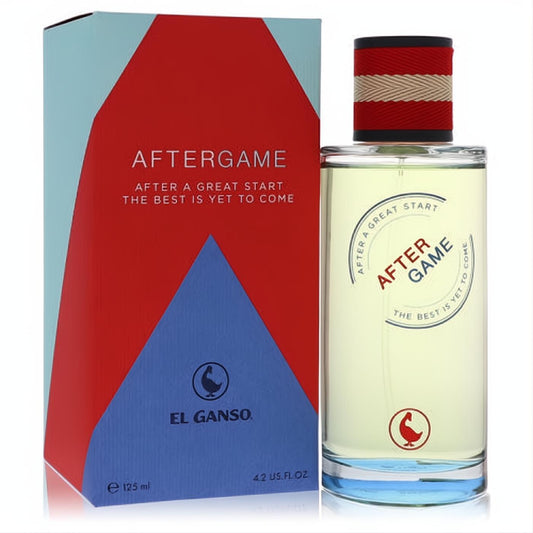 El Ganso After Game 4.2 oz men's EDT. Clear bottle, vibrant red and blue geometric box, stylish striped cap.