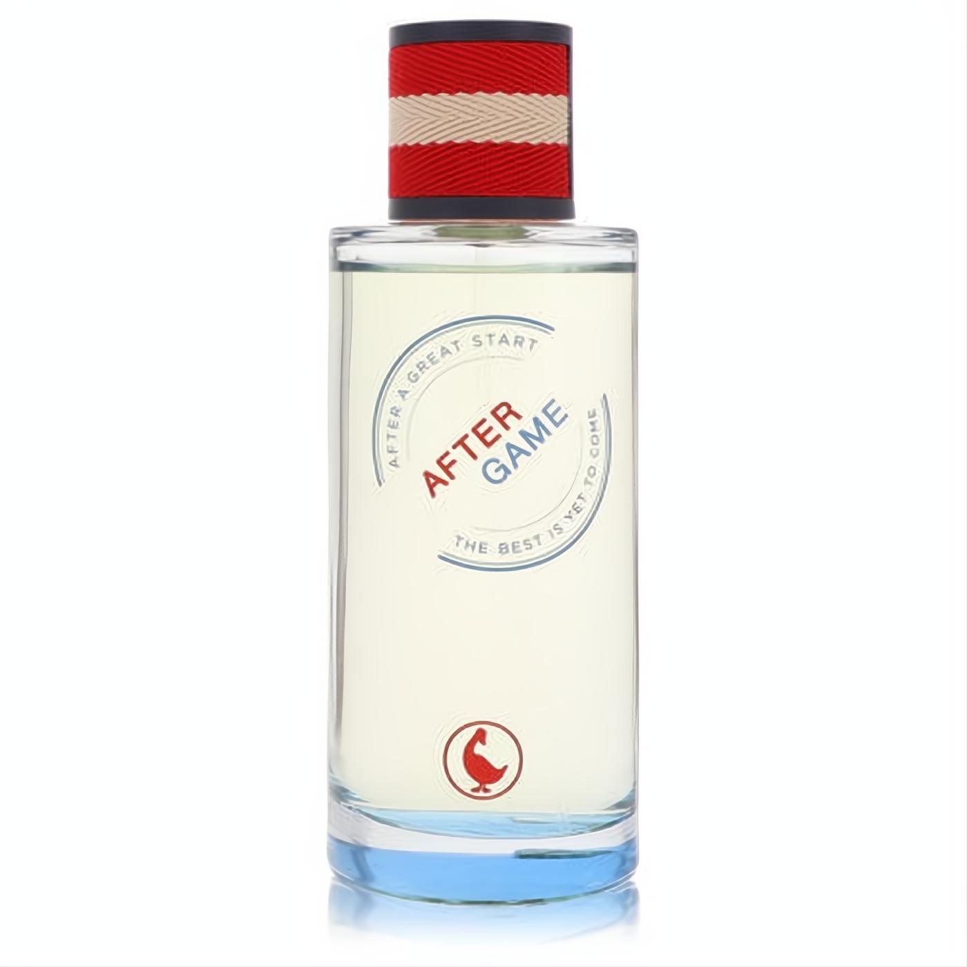 El Ganso After Game 4.2 oz men's EDT in a clear bottle with "AFTER GAME" label, sporty red & white striped cap, and blue base.