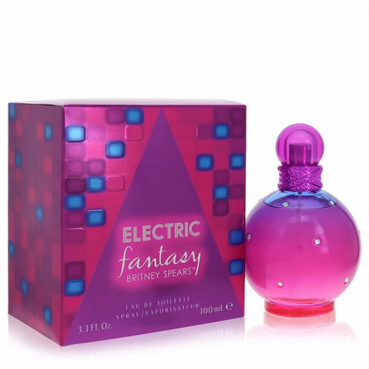 Dazzling Electric Fantasy Britney Spears 3.3 oz Eau De Toilette. Iconic pink-purple spherical bottle with gem accents and vibrant box.