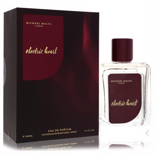 Electric Heart Michael Malul 3.4 oz EDP. Luxurious clear glass bottle with deep red cap & label, beside sleek black box.