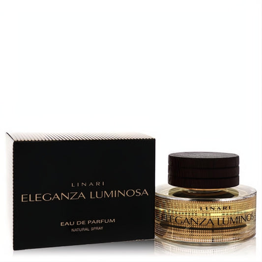 Elegant Linari Eleganza Luminosa 3.4 oz EDP in clear glass bottle with gold pattern, dark wood cap, and sleek black box.