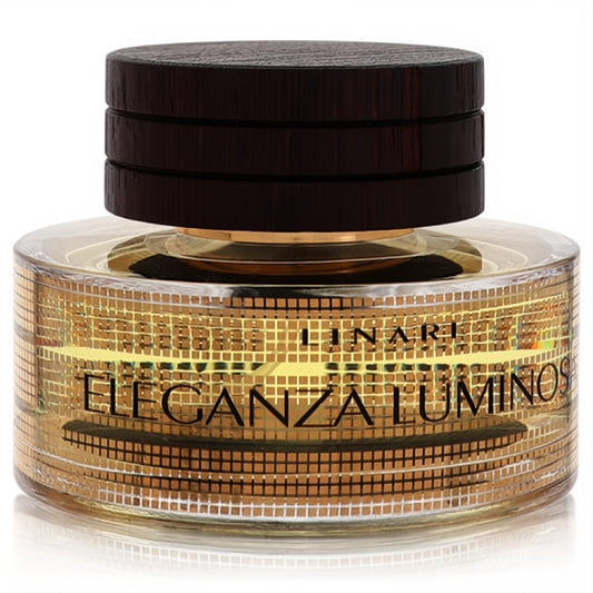 Eleganza Luminosa perfume bottle: clear glass with a radiant gold grid pattern, dark wood cap. A luxurious fragrance statement.