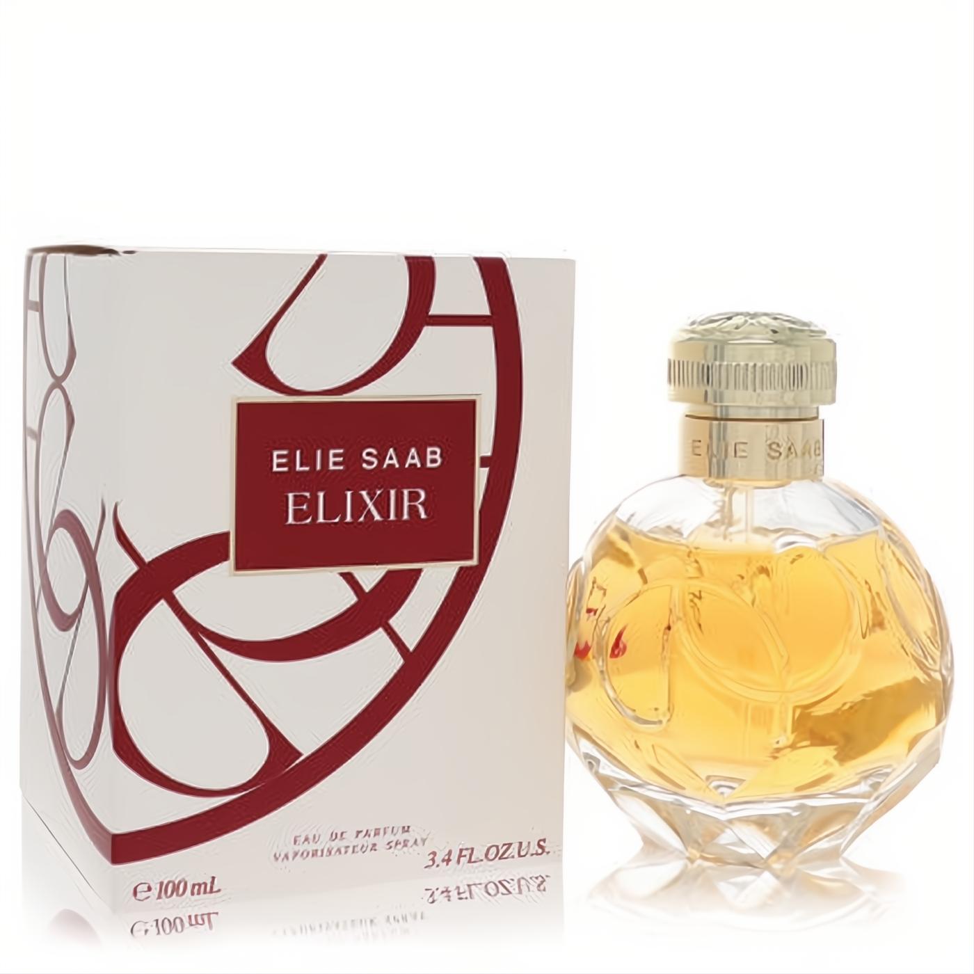 Elie Saab Elixir 3.4 oz EDP spray in a stunning faceted glass bottle with golden fragrance and ornate gold cap, next to its chic white and red box.