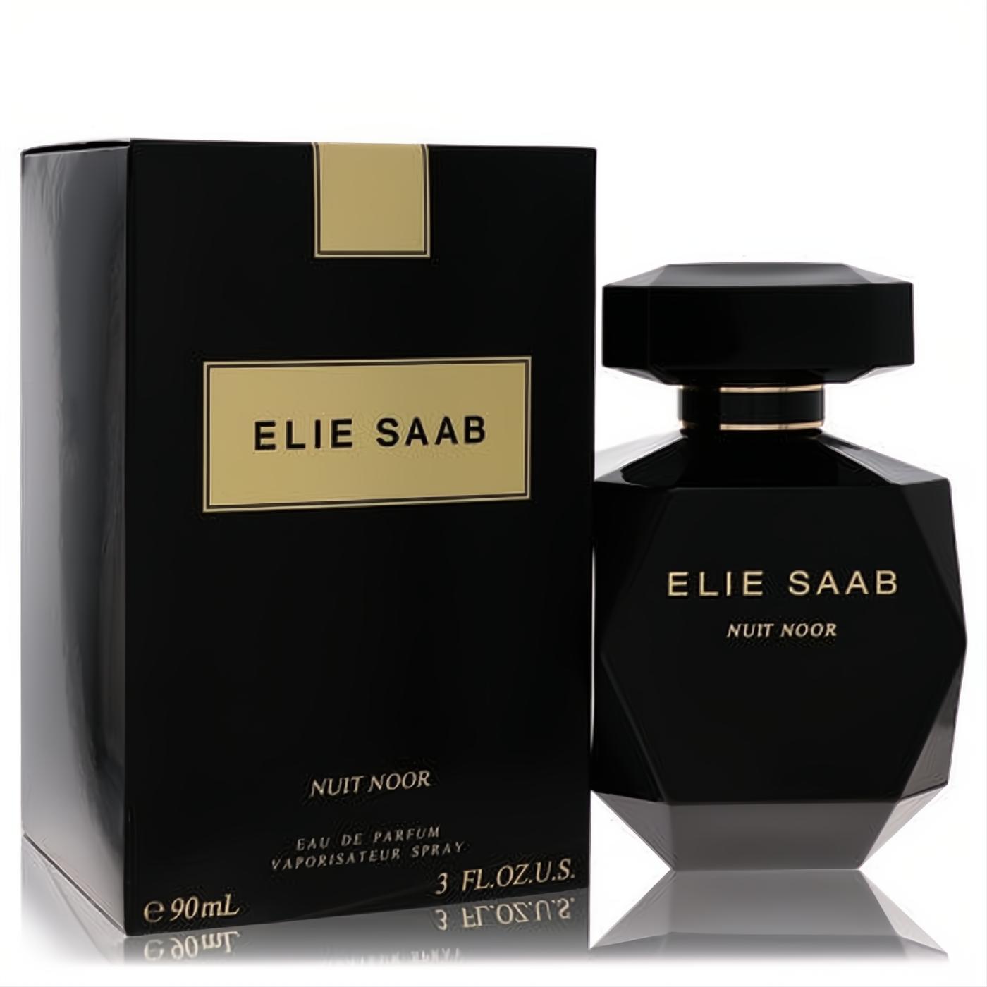 Discover Elie Saab Nuit Noor 3 oz elegant black faceted perfume bottle with gold accents and matching luxurious box.