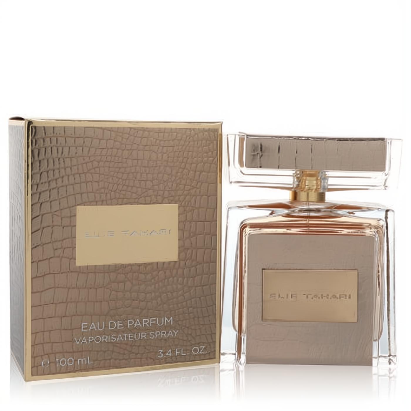 Luxurious Elie Tahari 3.4 oz women's EDP spray. Chic clear bottle with gold label and textured gold crocodile box.