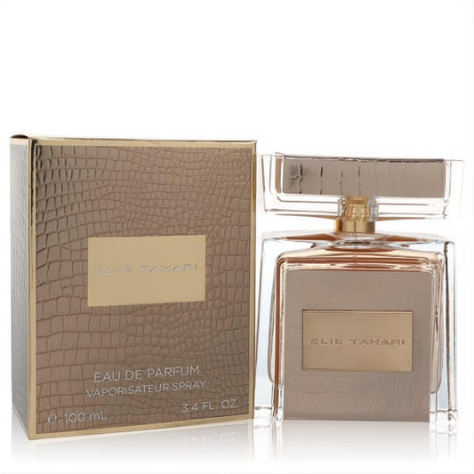 Luxurious Elie Tahari 3.4 oz women's EDP spray. Chic clear bottle with gold label and textured gold crocodile box.