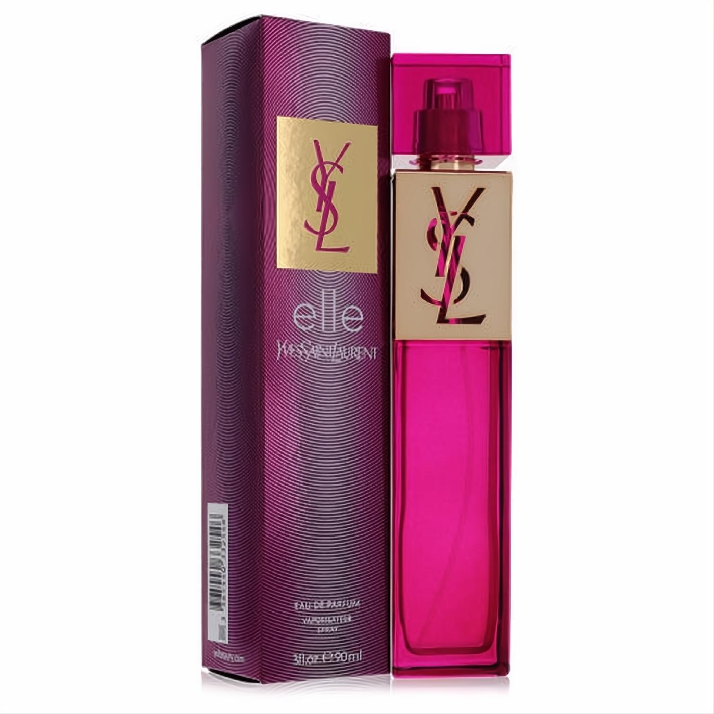 Captivating Elle by YSL 3oz Eau De Parfum spray. Fuchsia glass bottle with gold YSL logo, next to its elegant purple box.