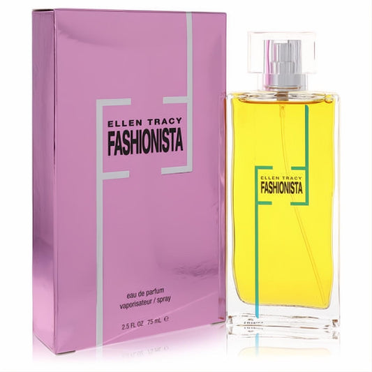 Elevate your style with Ellen Tracy Fashionista 2.5 oz Eau de Parfum. Sleek clear bottle, golden liquid, and glossy pink box.