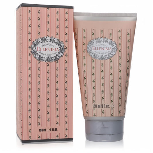 Luxurious Penhaligon's Ellenisia 5 oz hand & body cream. Ornate pink floral tube and matching striped gift box.