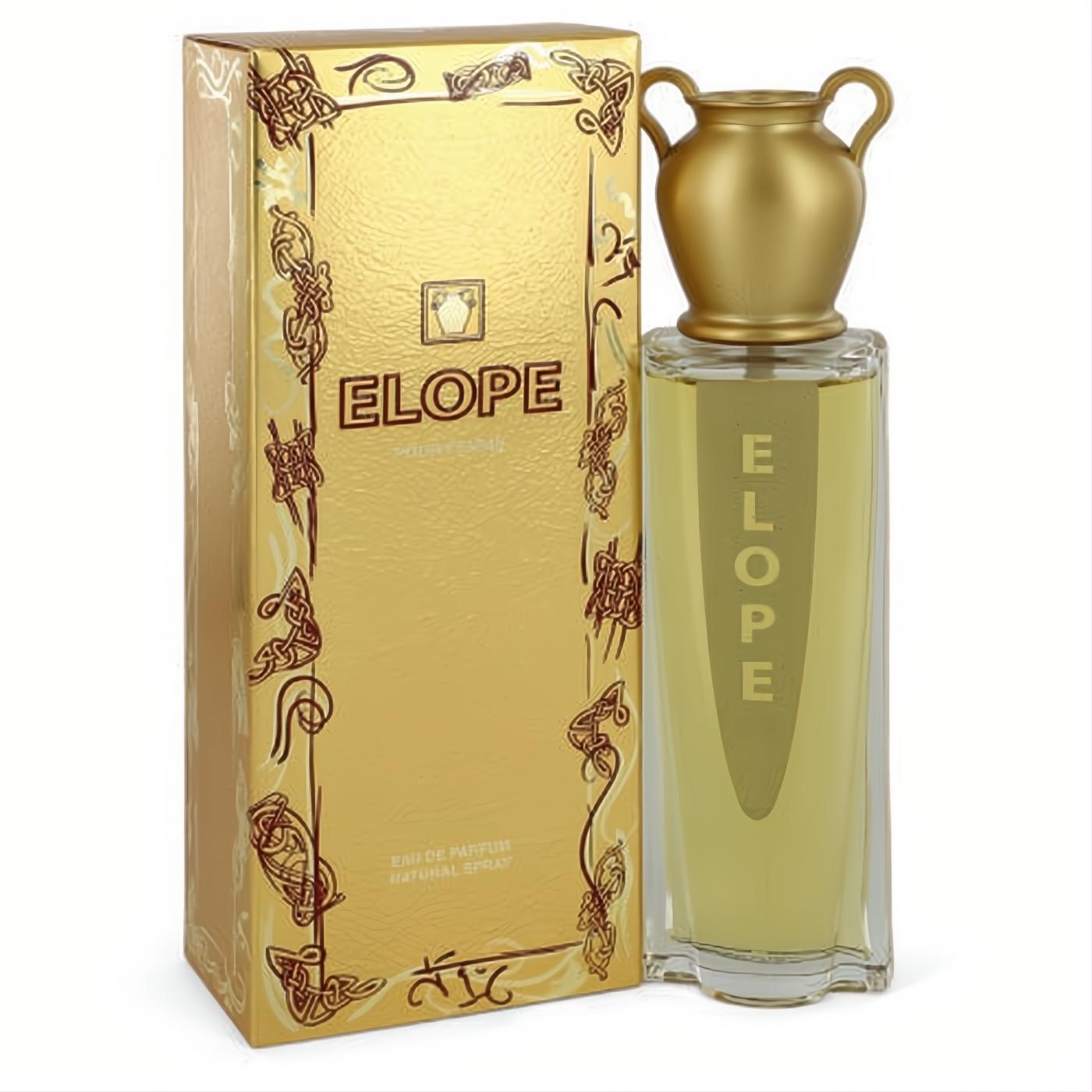 Luxurious Elope women's perfume: clear bottle with golden liquid, unique gold urn cap, and matching ornate gold Celtic design box.