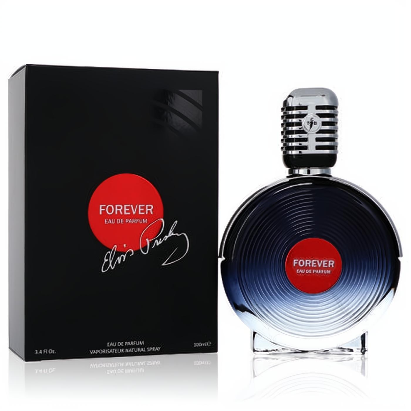 Elvis Presley Forever 3.4 oz men's EDP. Bold dark blue record-style bottle with a silver microphone cap and black box.