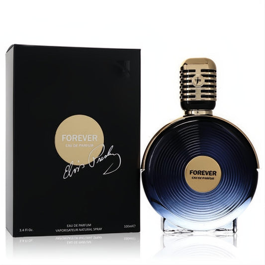 Elvis Presley Forever 3.4 oz EDP. Iconic gold microphone cap, sleek blue-black bottle, and black box with Elvis's signature.
