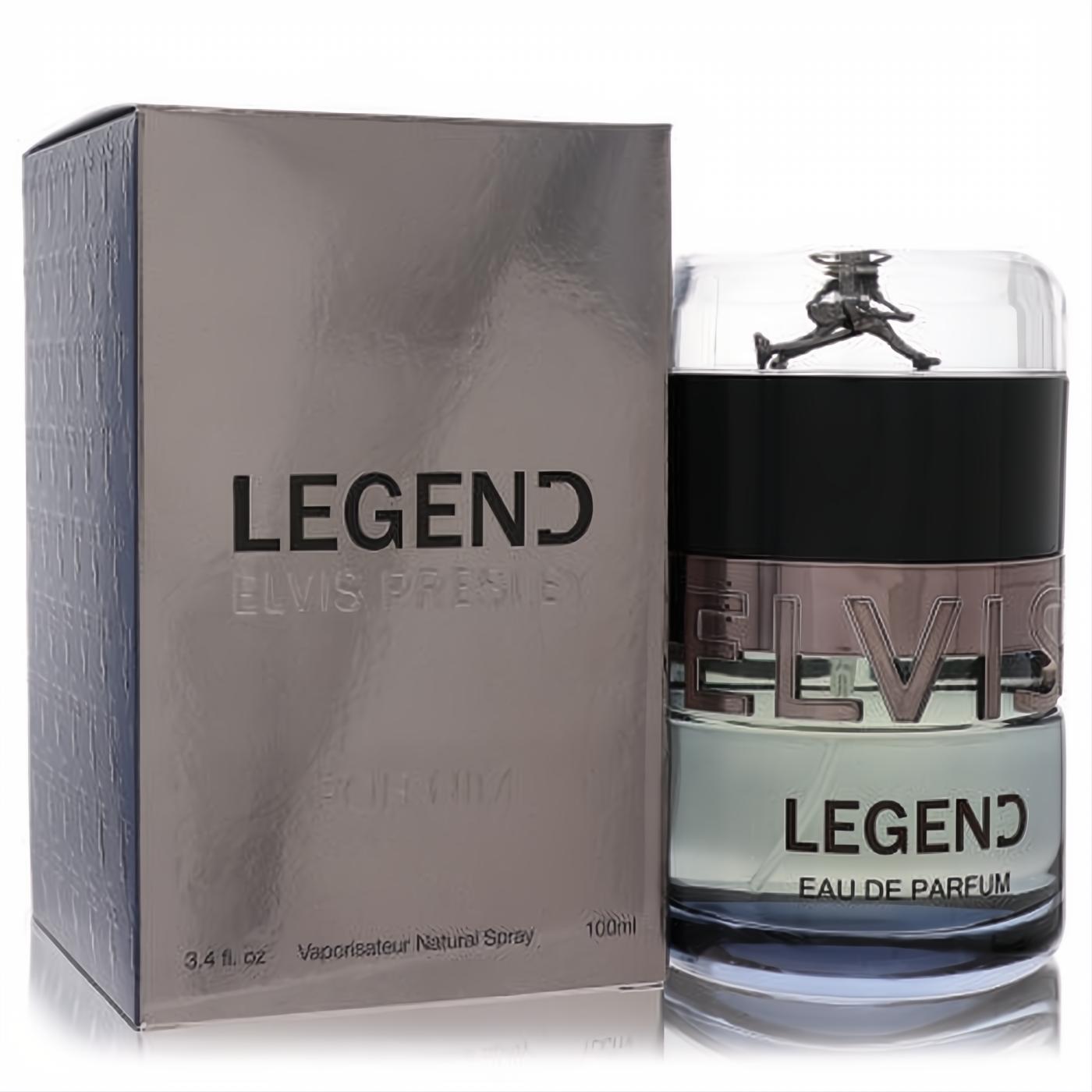 Elvis Presley Legend 3.4 oz EDP. Premium bottle with silver Elvis figure cap, rose gold "ELVIS" band, and sleek metallic grey box.