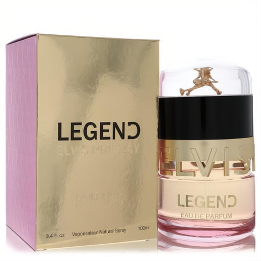 Elegant Elvis Presley Legend Eau De Parfum 3.4 oz spray, featuring a gold Elvis figurine cap and a luxurious gold & pink textured box.