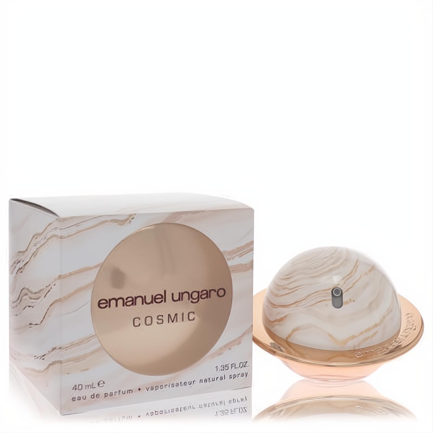 Elegant Emanuel Ungaro Cosmic 1.35 oz EDP spray. Unique spherical white and gold marble bottle with rose gold base and matching box.