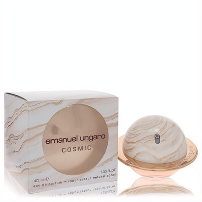 Elegant Emanuel Ungaro Cosmic 1.35 oz EDP spray. Unique spherical white and gold marble bottle with rose gold base and matching box.