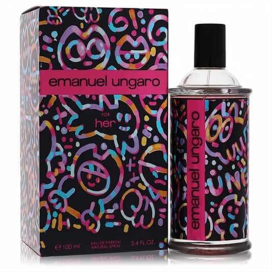 Vibrant Emanuel Ungaro For Her 3.4 oz EDP spray. Clear glass bottle with black cap and colorful graffiti art on black.