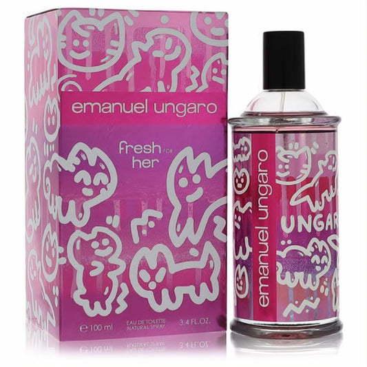 Unleash your playful side with Emanuel Ungaro Fresh For Her 3.4 oz EDT. Vibrant pink bottle & box feature iconic cat art.