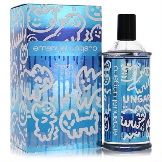 Discover Emanuel Ungaro Fresh For Him 3.4 oz EDT. Bold blue bottle & box with playful white graffiti art.