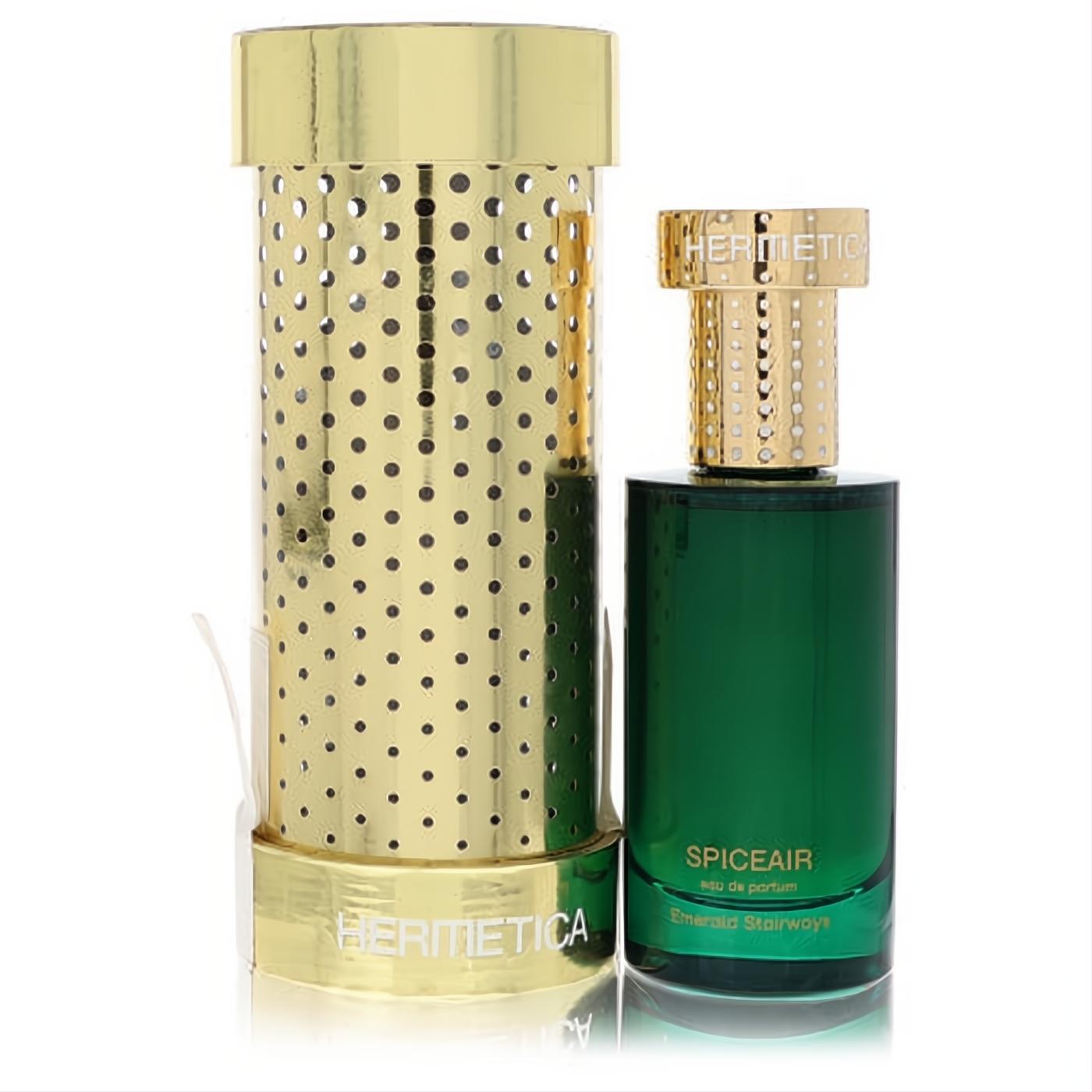Hermetica Emerald Stairways Spiceair unisex perfume. Elegant emerald green bottle with a striking gold perforated cap and matching packaging.