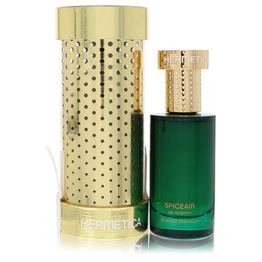 Hermetica Emerald Stairways Spiceair unisex perfume. Elegant emerald green bottle with a striking gold perforated cap and matching packaging.