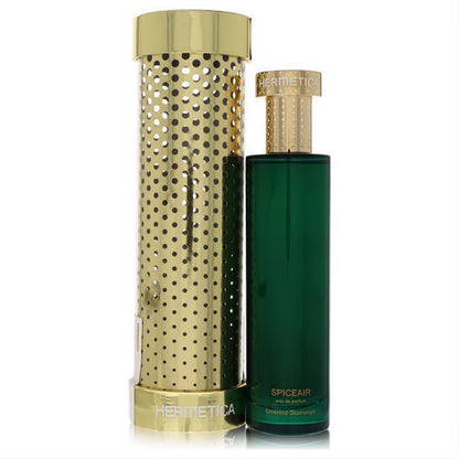 Hermetica Emerald Stairways Spiceair 3.3 oz unisex EDP. Sleek emerald green bottle, luxurious gold perforated case.