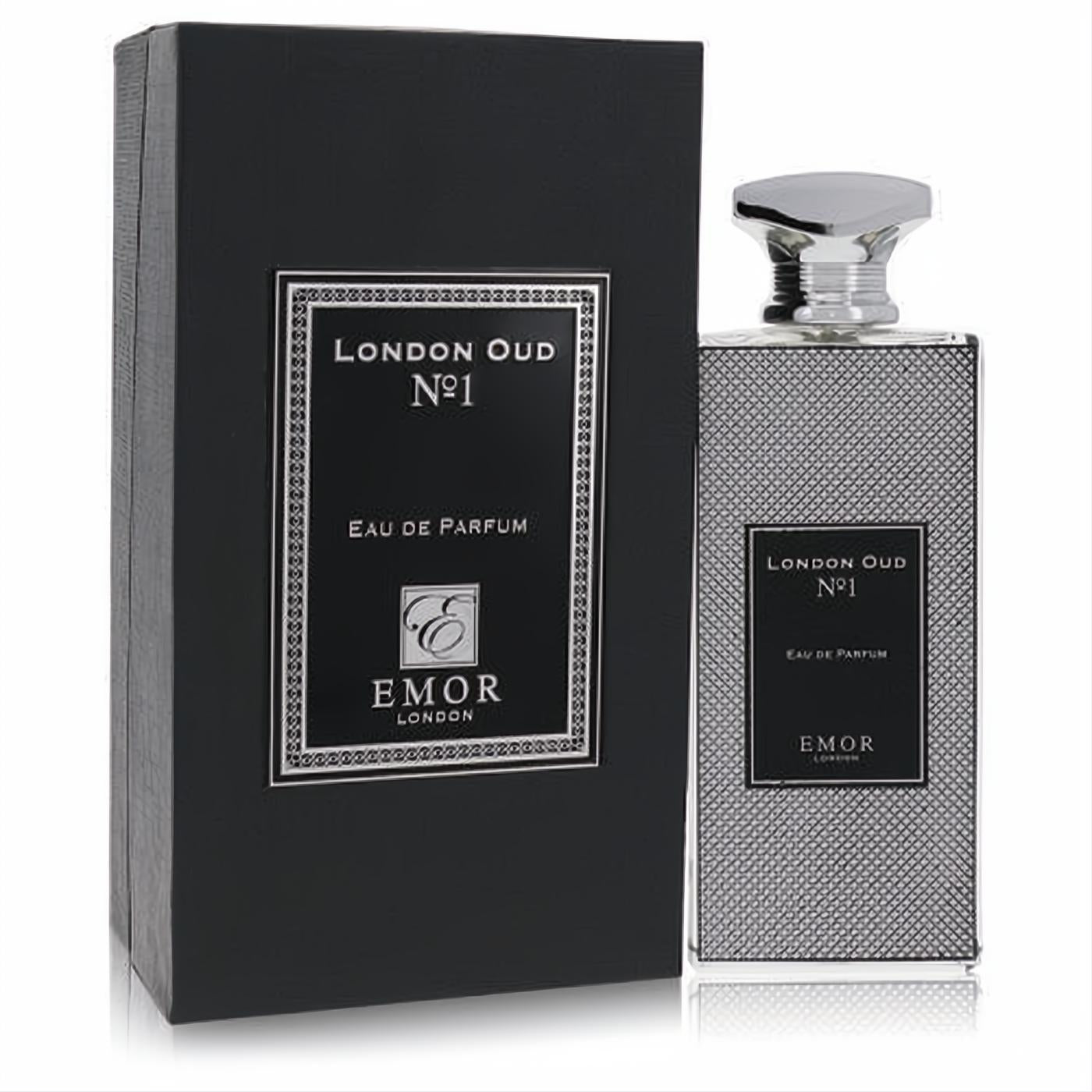 Luxurious Emor London Oud No. 1 unisex EDP, 4.2 oz. Sleek black box and sophisticated patterned silver bottle with a distinctive cap.