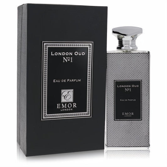 Luxurious Emor London Oud No. 1 unisex EDP, 4.2 oz. Sleek black box and sophisticated patterned silver bottle with a distinctive cap.