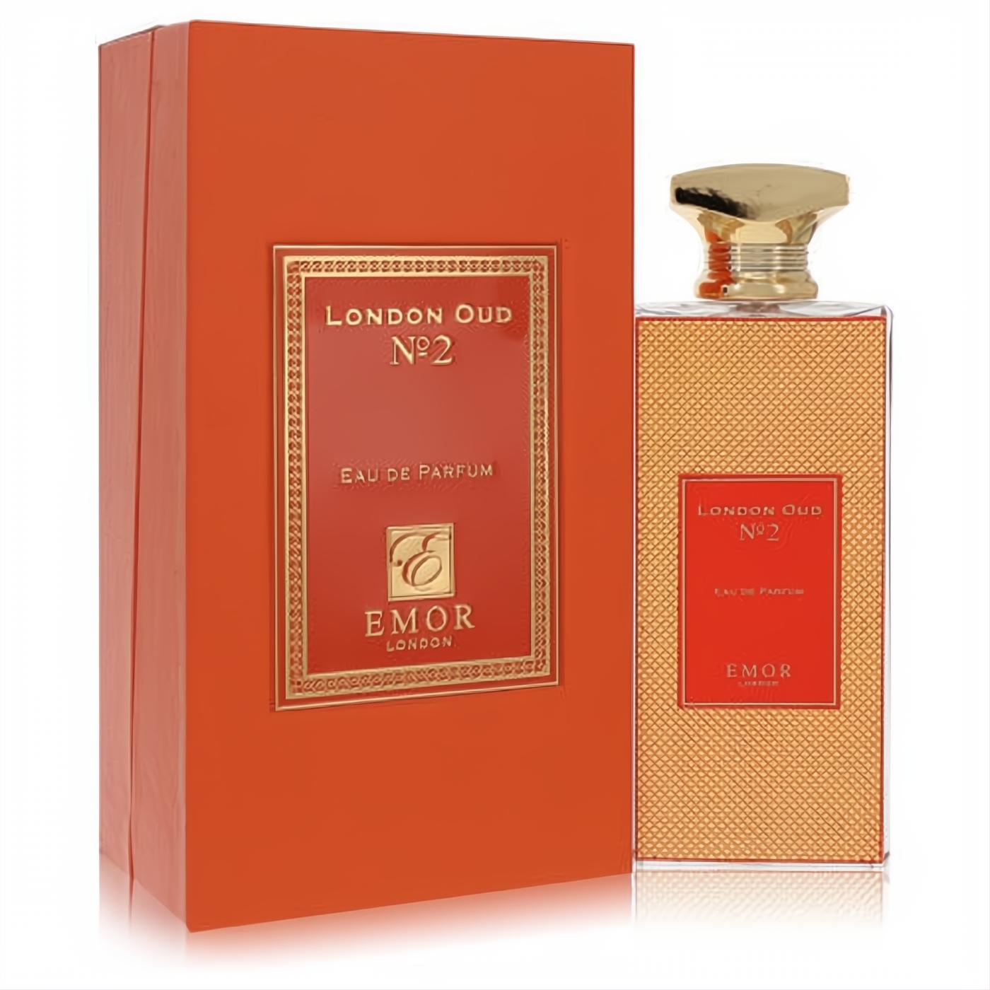 Emor London Oud No. 2 unisex 4.2 oz Eau De Parfum. Elegant red and gold textured bottle, ornate gold cap, and matching premium box.