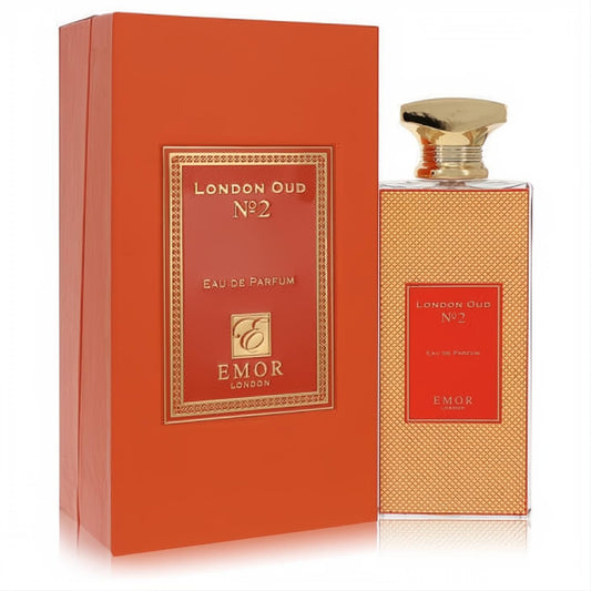 Emor London Oud No. 2 unisex 4.2 oz Eau De Parfum. Elegant red and gold textured bottle, ornate gold cap, and matching premium box.