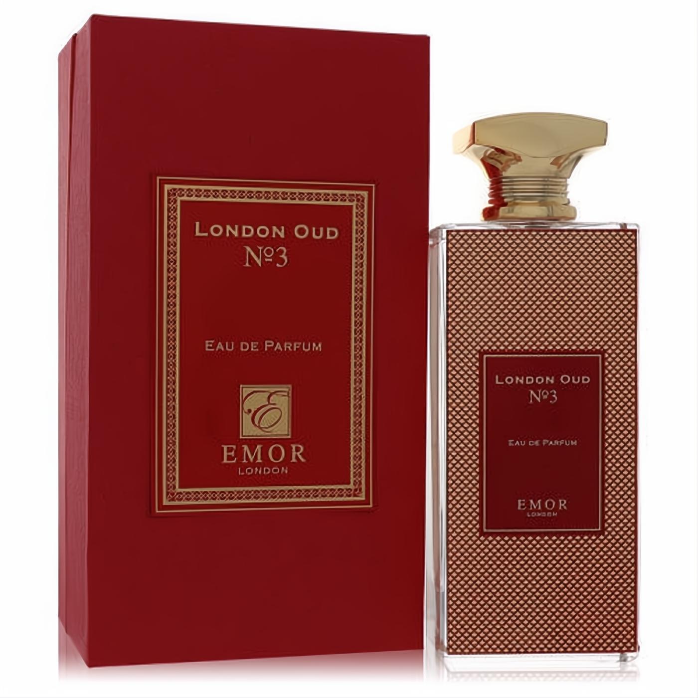 Luxurious Emor London Oud No. 3 unisex 4.2 oz EDP. Elegant dark red textured bottle, gold cap, and matching premium box.