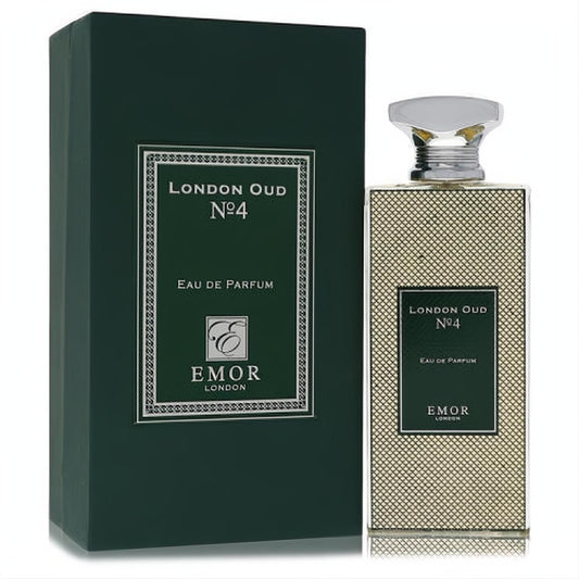 Luxurious Emor London Oud No. 4 unisex Eau De Parfum. Features a distinctive gold patterned bottle with silver cap and elegant dark green box.