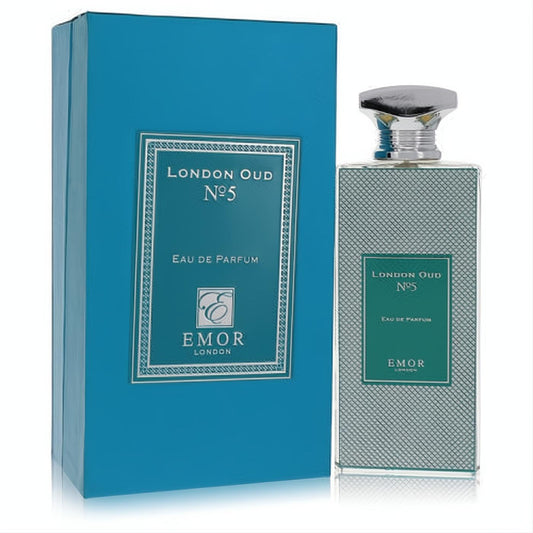 Emor London Oud No. 5 4.2 oz Eau De Parfum. Elegant textured glass bottle with silver cap and matching teal presentation box.
