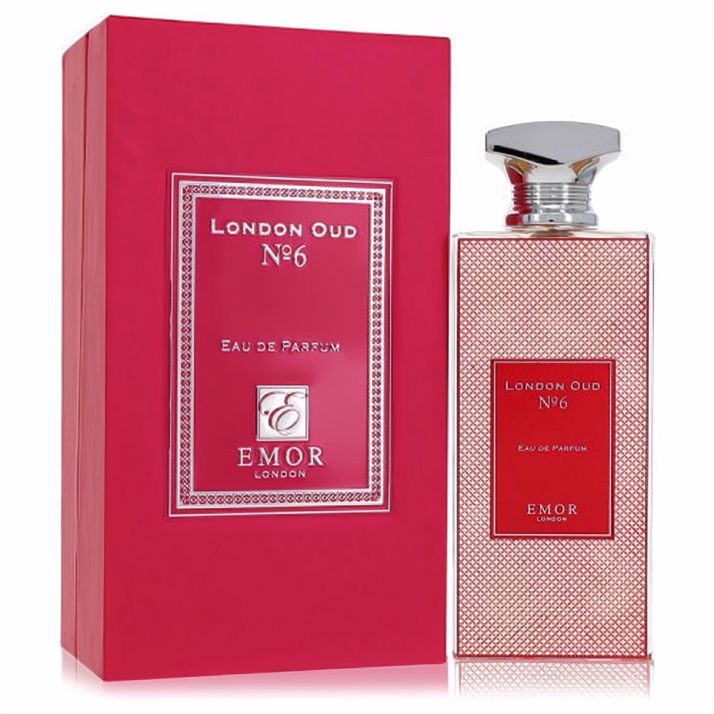 Emor London Oud No. 6 unisex 4.2 oz EDP. Elegant red box and textured glass bottle with a striking silver cap.