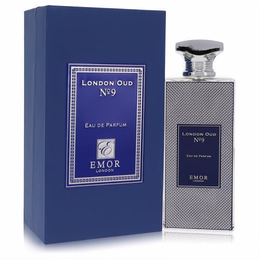 Elegant Emor London Oud No. 9, 4.2 oz unisex Eau De Parfum. Features a sophisticated textured silver bottle and rich navy blue box.