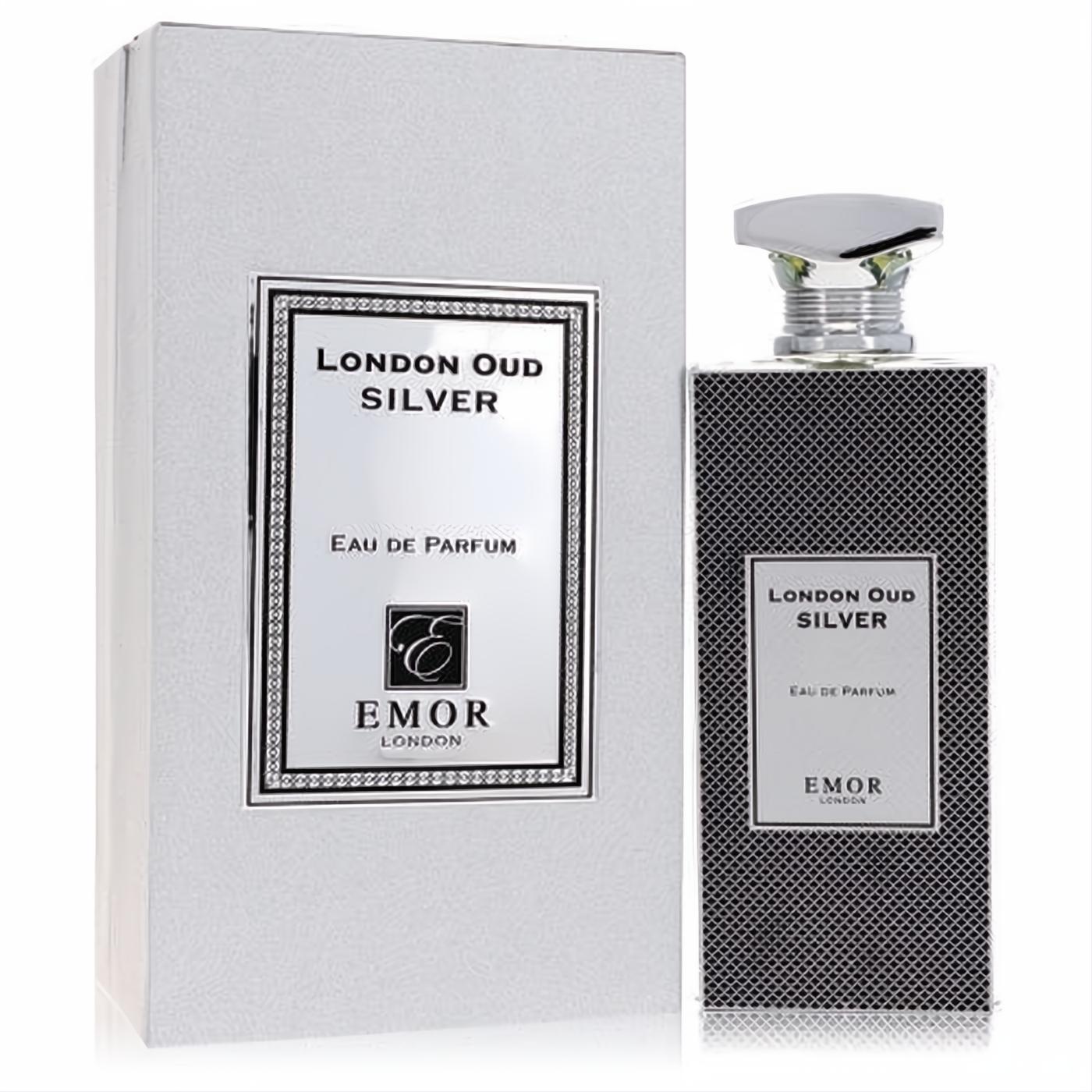 Luxurious Emor London Oud Silver 4.2 oz unisex EDP. Elegant black textured bottle, shiny silver cap, and white box.