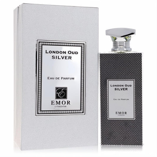 Luxurious Emor London Oud Silver 4.2 oz unisex EDP. Elegant black textured bottle, shiny silver cap, and white box.