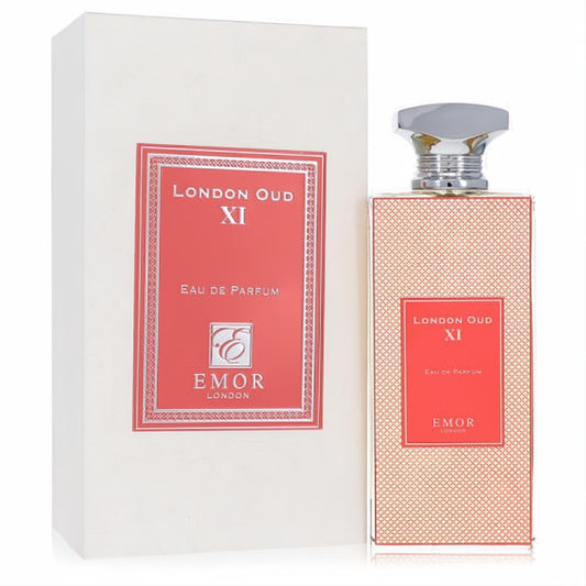 Luxurious Emor London Oud XI 4.2 oz unisex EDP. Clear textured glass bottle, red label, silver cap, and elegant white box.