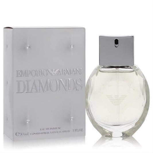 Luxurious Emporio Armani Diamonds 1 oz EDP. Clear faceted bottle, silver cap, and sparkling diamond-patterned silver box.