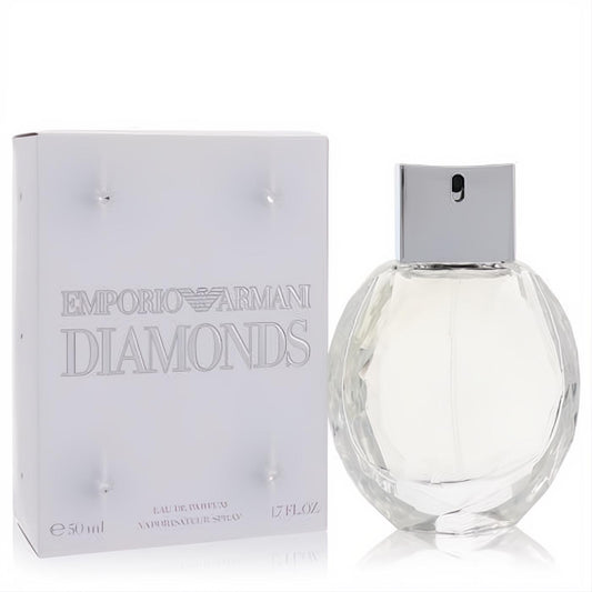 Luxurious Emporio Armani Diamonds 1.7 oz women's EDP, a clear faceted bottle with silver cap and elegant white embossed box.