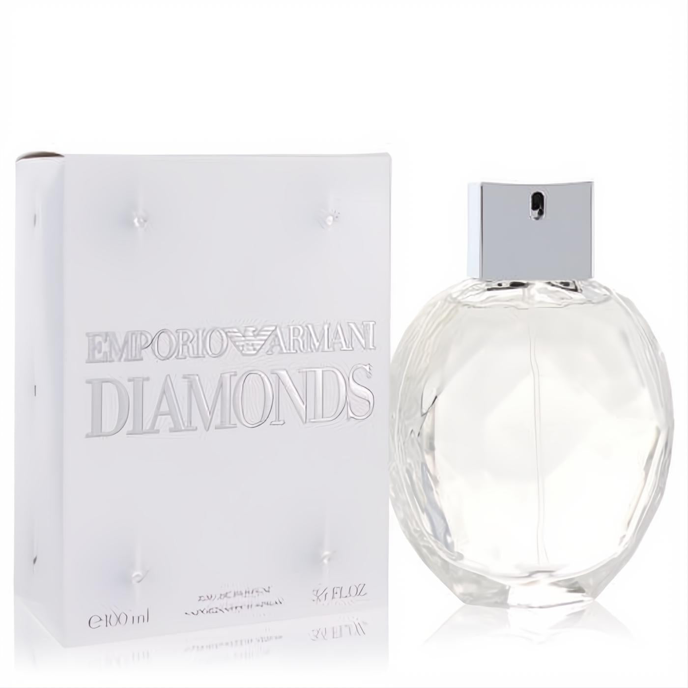 Sparkling Emporio Armani Diamonds 3.4 oz EDP. Faceted clear bottle, silver cap, elegant white box with diamond accents.