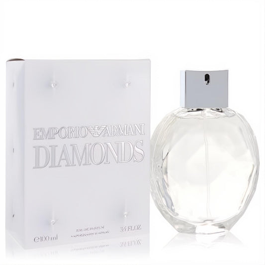 Sparkling Emporio Armani Diamonds 3.4 oz EDP. Faceted clear bottle, silver cap, elegant white box with diamond accents.