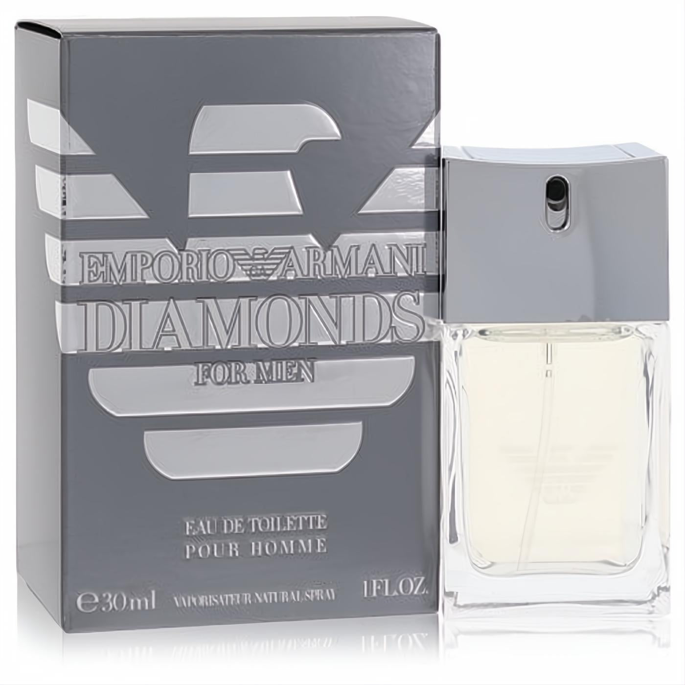 Emporio Armani Diamonds for Men 1 oz EDT. Sleek clear glass bottle, silver cap, and stylish gray box.